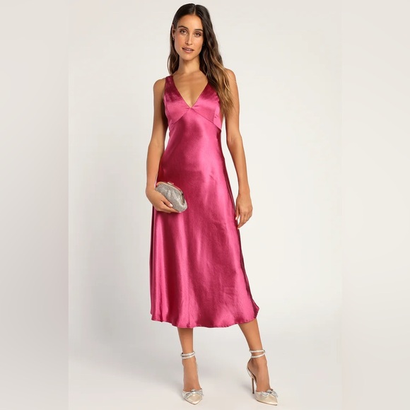 Lulus Incredible Love Magenta Satin Cowl Back Midi Slip Dress - Picture 4 of 16